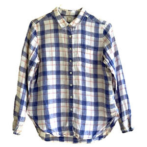 Woman L.L. Bean Plaid Button Down Shirt L/S Size Medium Petite Pink Blue Linen